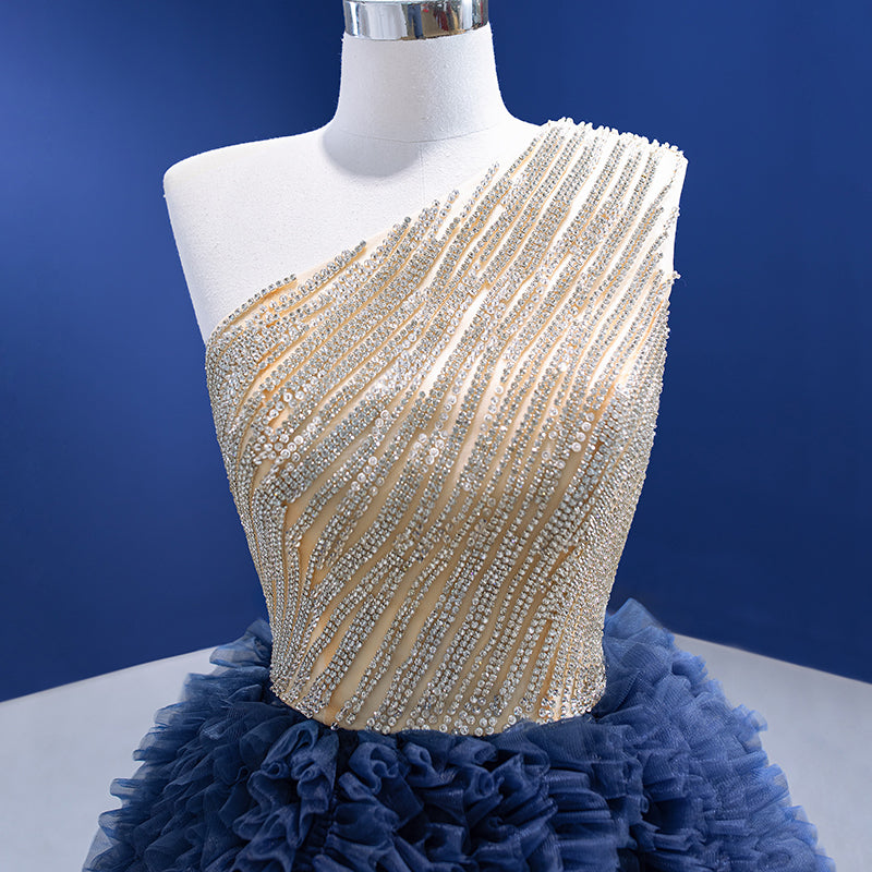 2022 Women Evening Dress Latest Design One Shoulder Beaded Cake Dress Prom Dress - Image 7