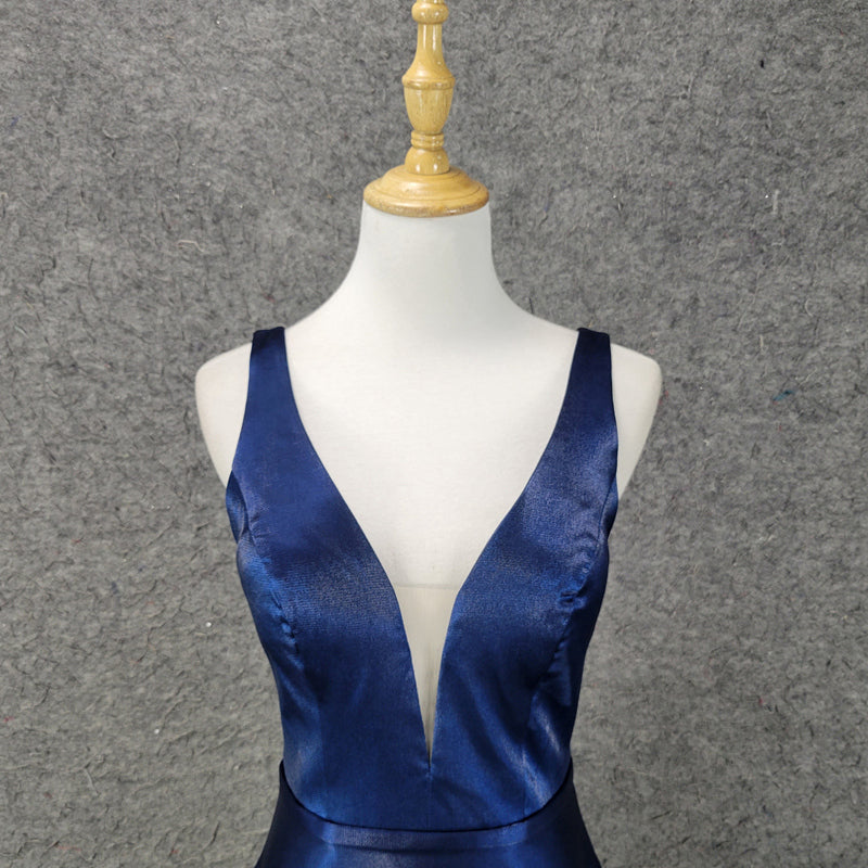 Double Shoulder Deep V Neck Sexy Gorgeous Dress Satin Navy Women'S Dress - Image 6