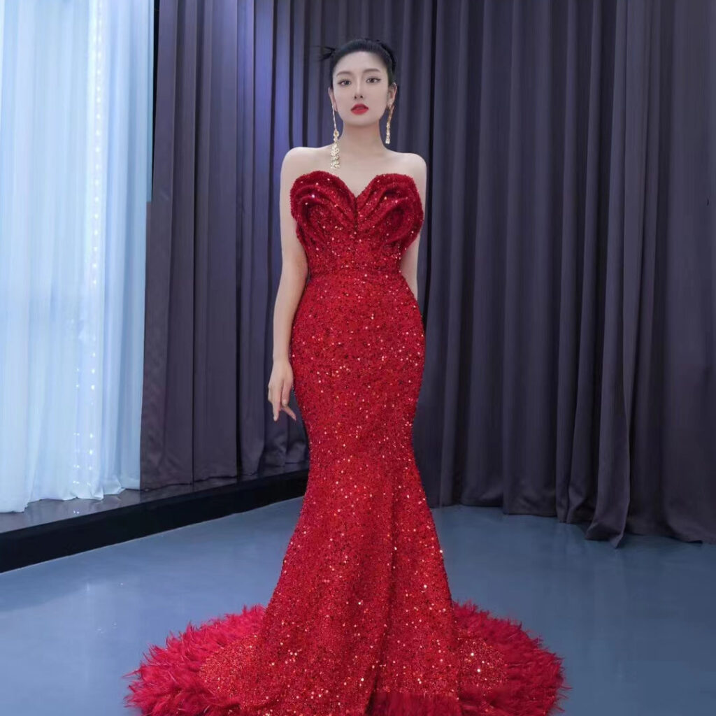 Sparkly Burgundy Mermaid Prom Dresses Beaded Sequins Feather Train Glitter Lace-up Fishtail Evening Occasion Gowns