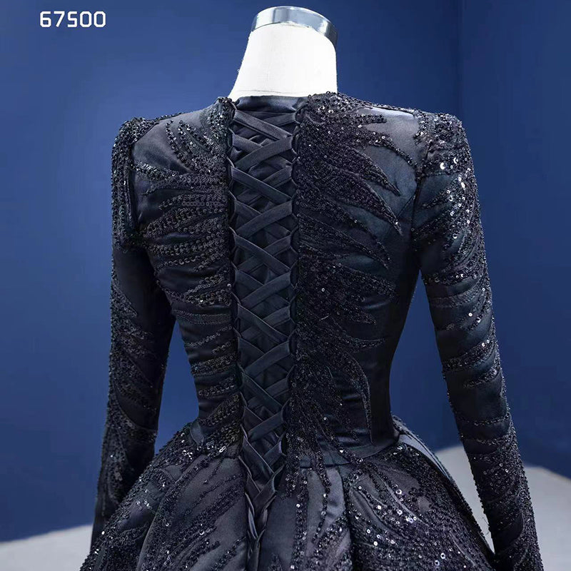 Ladies Evening Dress Latest Design Elegant Long Sleeve Black Beaded Prom Evening Dress - Image 5