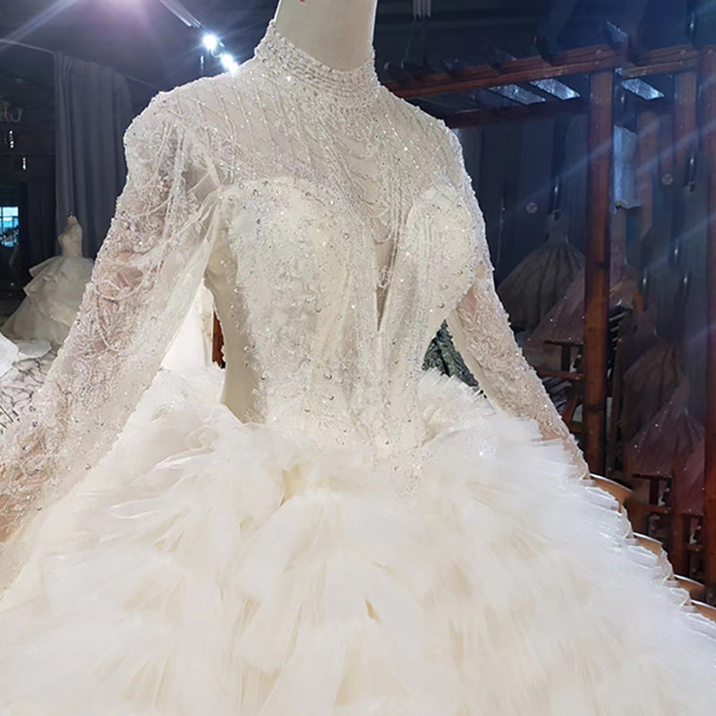 Beautiful High Neck Long Sleeve Sequined Wedding Gown Dress - Image 7