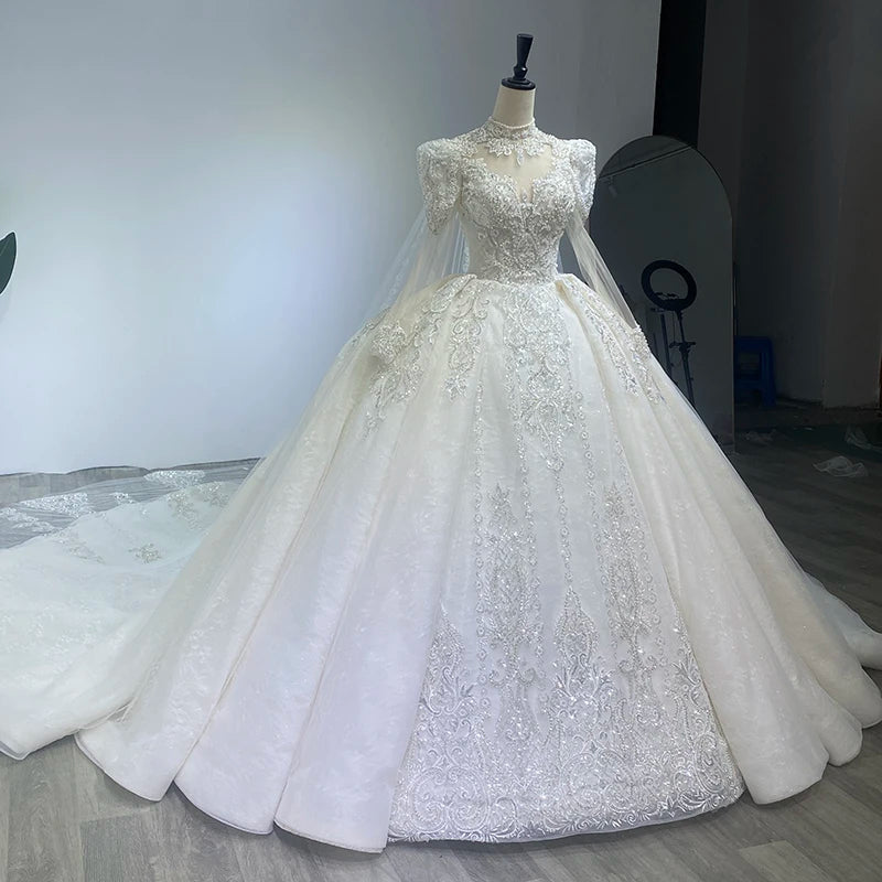 Heavy-Duty Luxury Wedding Shawl Yarn Shiny Puff Shoulder Long-Sleeved Ball Gown French Wedding Dress - Image 4