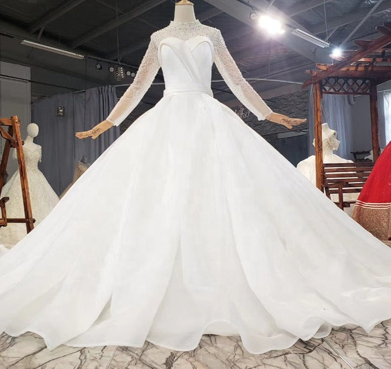 High Neck Long Sleeve Luxury Beading Crystal Wedding Dress - Image 3