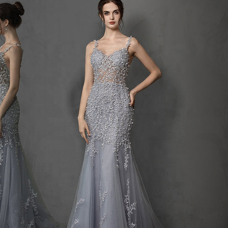 New Evening Dress Mermaid Ball Dress Sling Lace Embroidered Slim Fit Women Casual