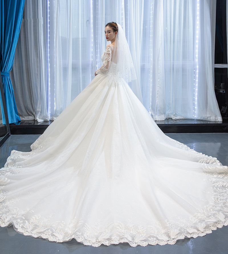 long sleeve lace wedding gown with train sweetheart applique lace wedding dress - Image 6