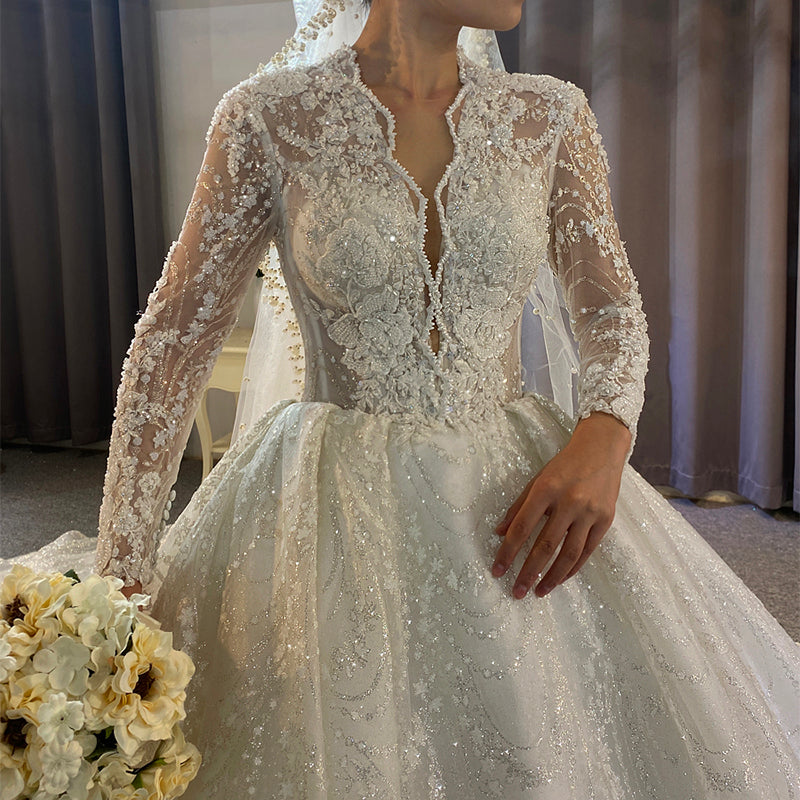 Deluxe Wedding Bride Dress Sexy Deep V -Neck Sequins Lace Wedding Dress - Image 5