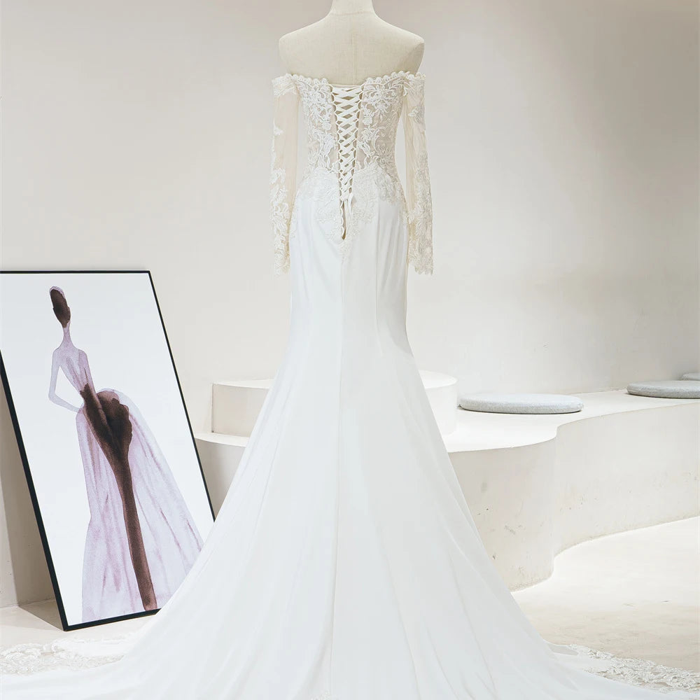 Beach Off Shoulder Boat Neck Lace Fabric Mermaid Wedding Dresses - Image 5