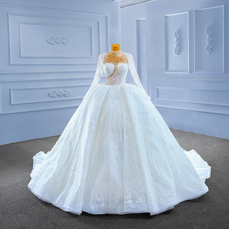 New Elegant Long Sleeve Lace Sequined Fabric Wedding Dress - Image 3