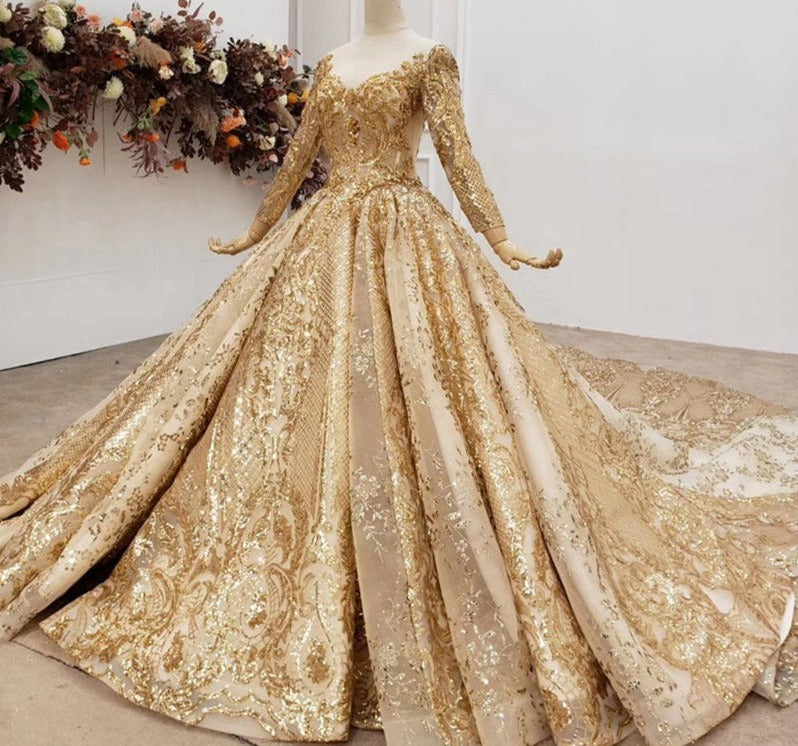 High Quality Gold Designer Luxury Long Sleeve Sequin Wedding Dress