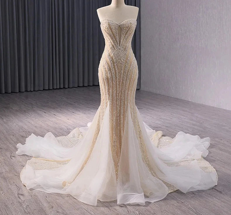 Luxury Sheer Glitter Rhinestone Mermaid Golden Bride Gown Diamond Wedding Dress