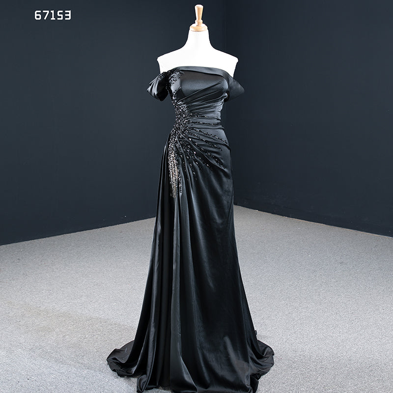 Off The Shoulder Satin Black Beading Long Sleeve Evening Dresses