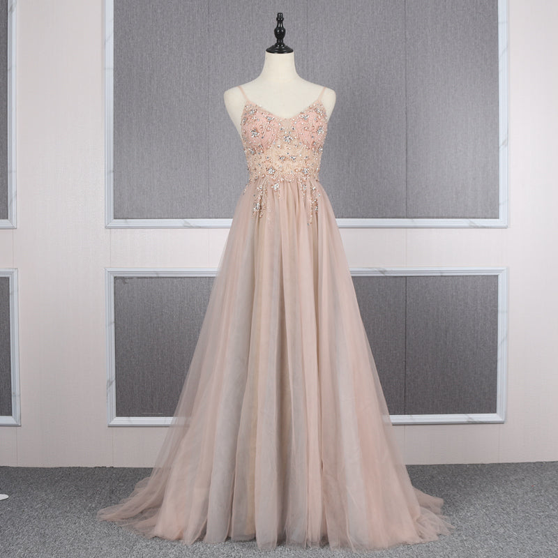 Ladies Luxury Sling Shiny Pink Lace Beaded Puffy Ball Evening Dress - Image 4