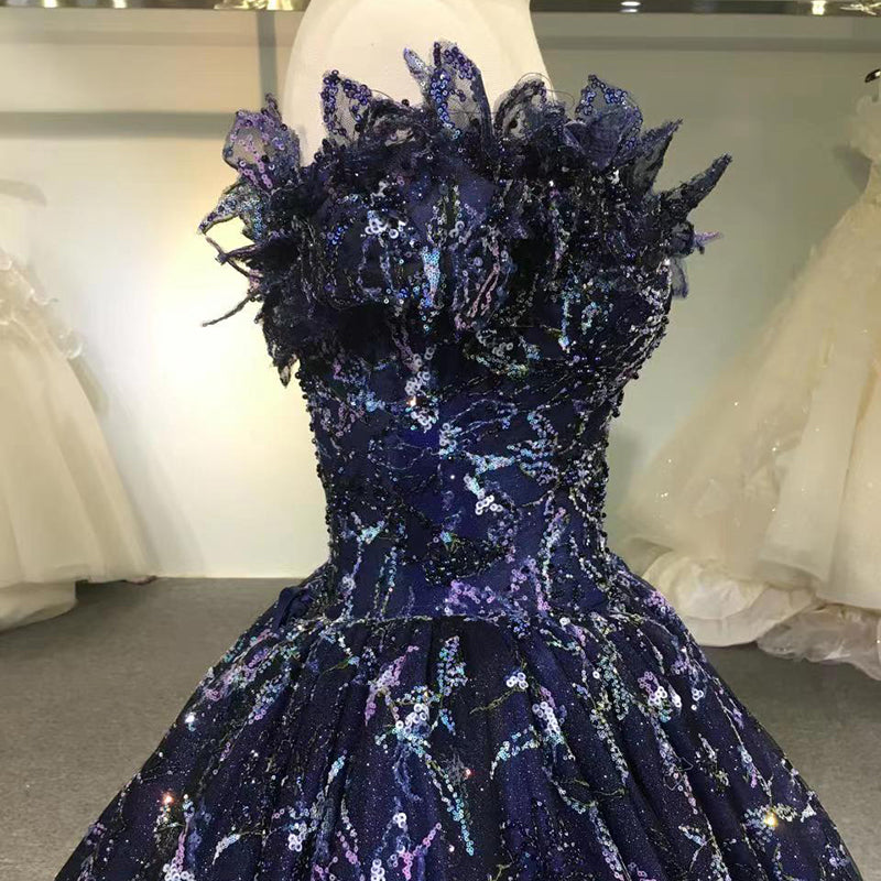 Evening Dress Tube Top Feather Dark Blue Applique Elegant - Image 5