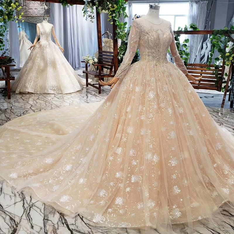 Charming Lace Wedding Dresses Sheer Neck Long Sleeves
