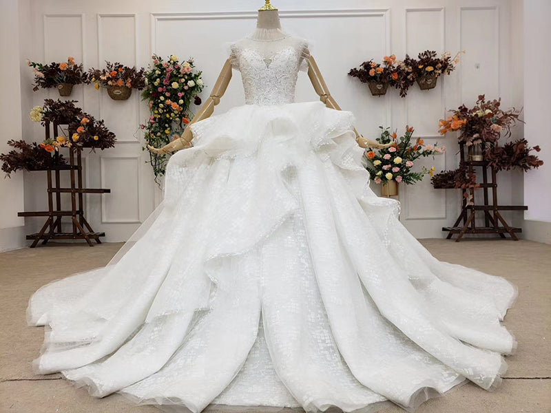 High Neck Lace Applique Cathedral Train Wedding Gown Dress - Image 4