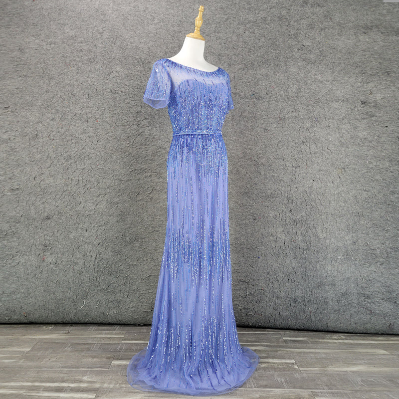 High quality ladies sexy bling lace blue prom evening dress - Image 3