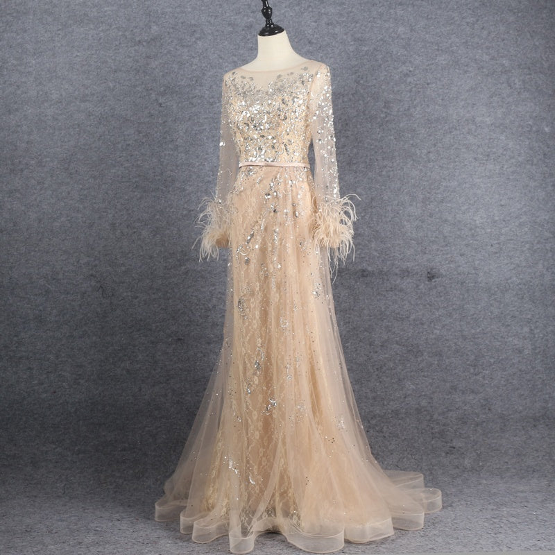Bling Champagne Long Sleeve Dress Beaded Feather Long Dress Evening Dress Sequins
