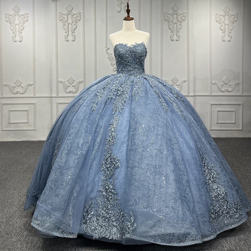 Elegant Blue Lace Sleeveless Ball Gown - Image 2