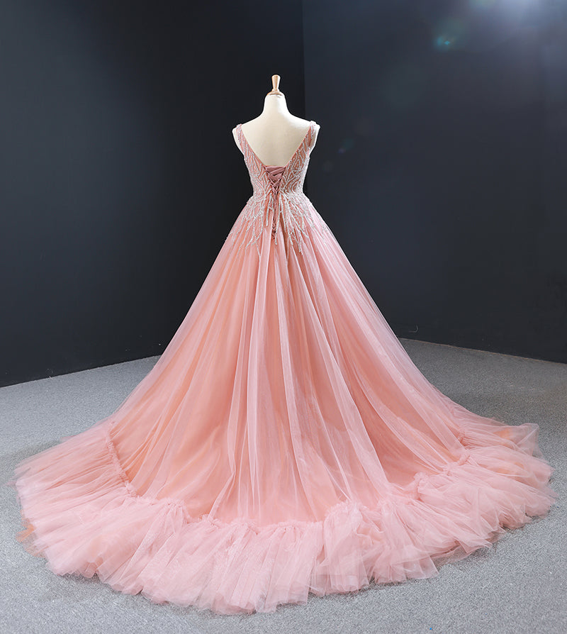 high quality pink long train lace sexy evening dresses - Image 5