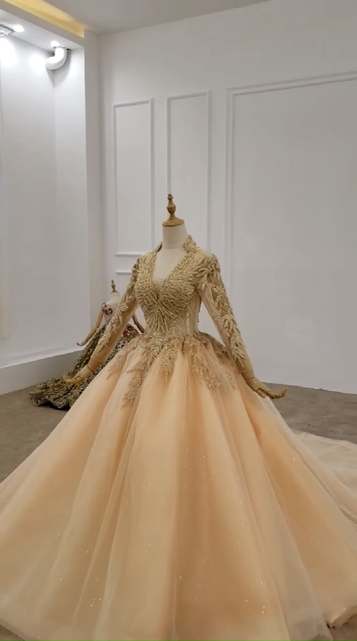 Princess Long Sleeve V Neck Elegant Lace Wedding Dress Bridal Gown - Image 2