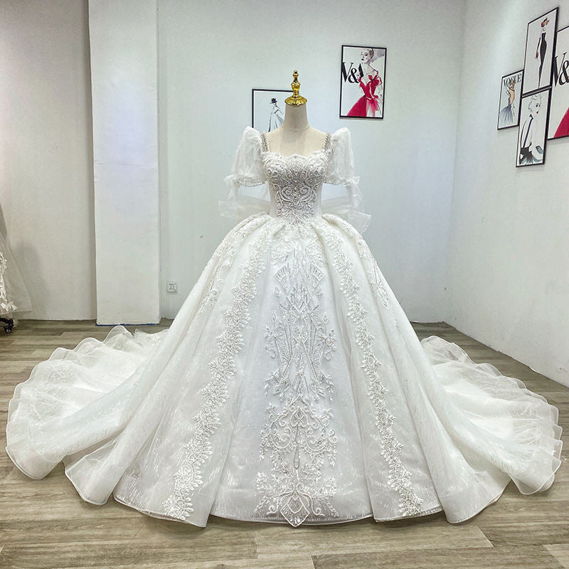 Pearls Luxury Square Collar Short Sleeve Ball Gown Wedding Dresses Bridal Gowns