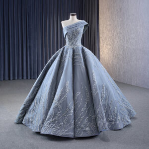 Customized evening dress gray one shoulder bubble skirt elegant high waist train dress