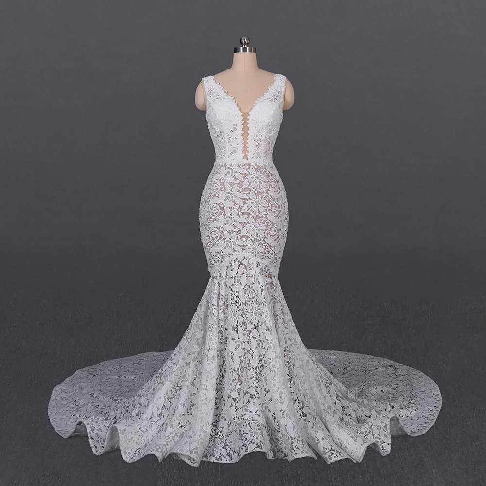 Modern V-Neck Mermaid Beach Wedding Dresses Full Lace Pearls Sleeveless Ruffles Chapel Train Country Bridal Gown Outfit