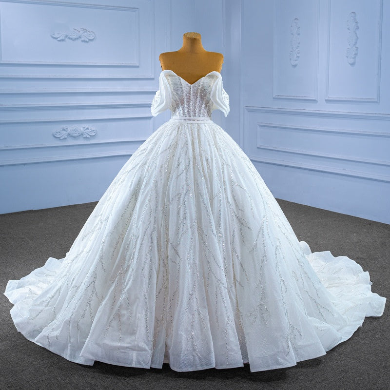 Crystal Sequins Beaded Off Shoulder Bridal Ball Gown Wedding Dress