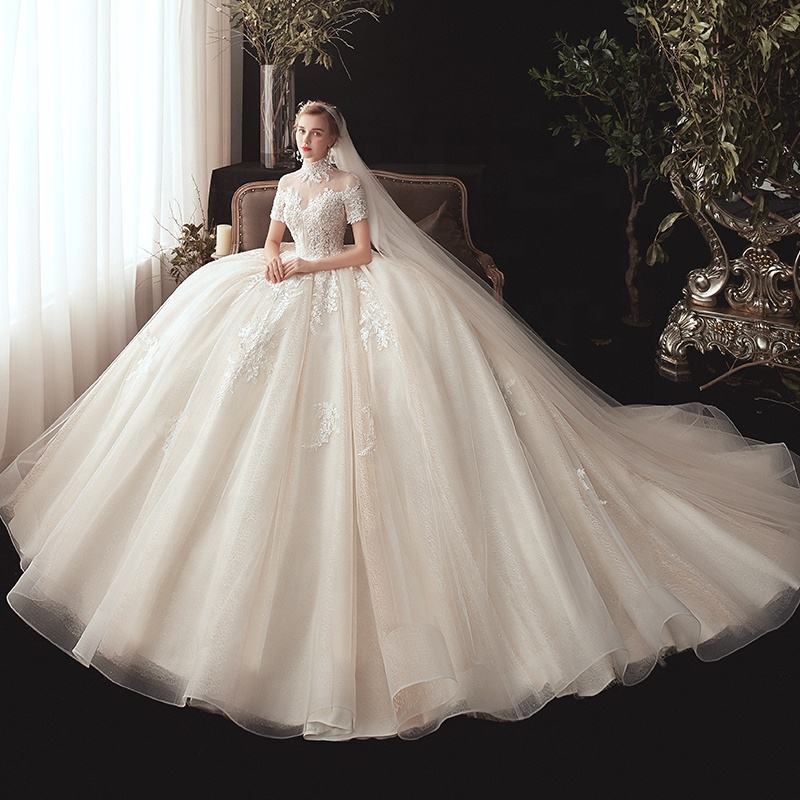 High Neck Short Sleeve Appliques Bridal Gowns Beading Princess Wedding Dress Ball Gown - Image 3