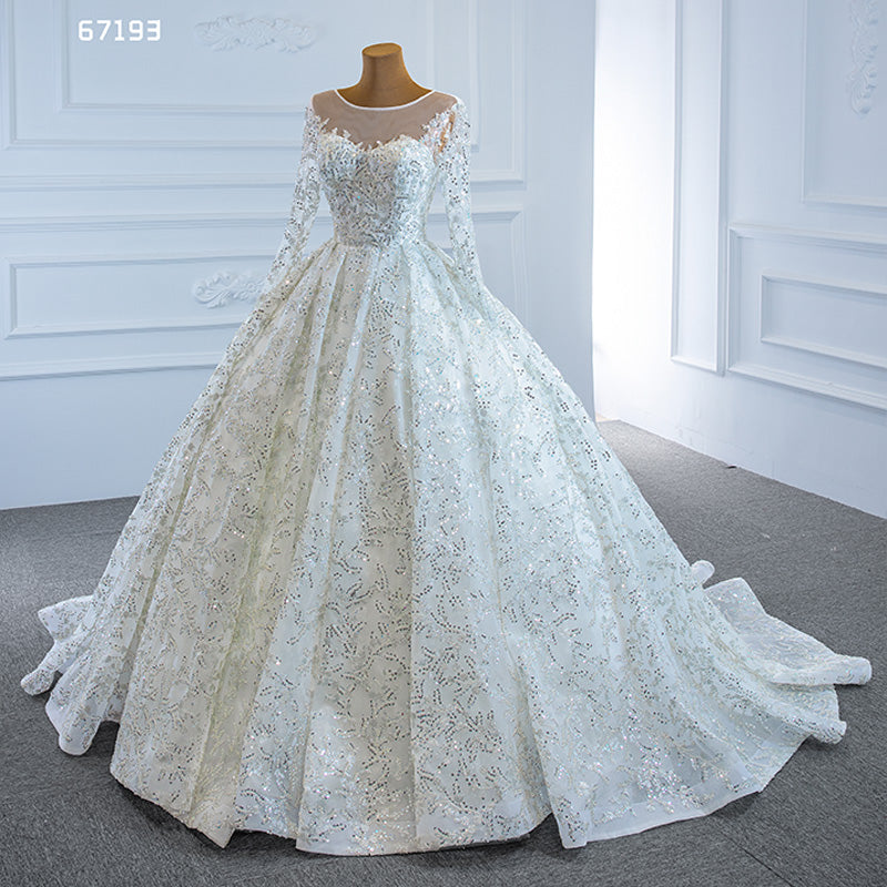 Long Sleeve Luxury Long Train Full Sequin Ball Gown Wedding Dress