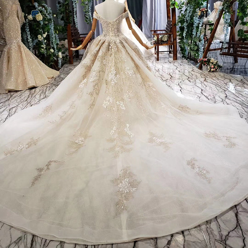 off shoulder elegant bridal dresses royal train wedding dresses - Image 4