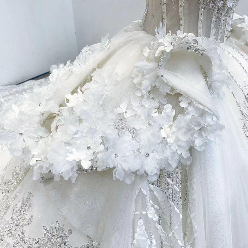 Modest Flower Spaghetti Strap Sequins Bridal Ball Gown Wedding Dress - Image 4