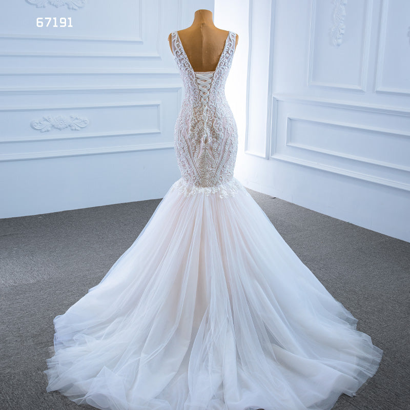 Deep V Neck Lace Applique Elegant Mermaid Women Wedding Dress - Image 5