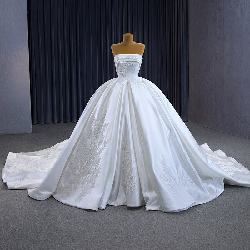 Bridal Wedding Dress White Satin Three-Dimensional Flower Tube Top Solo Puff Skirt Trailing Ceremony
