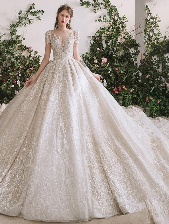 Short Sleeve Beading Sequin Princess Nigerian Lace Wedding Dress Bridal Gowns