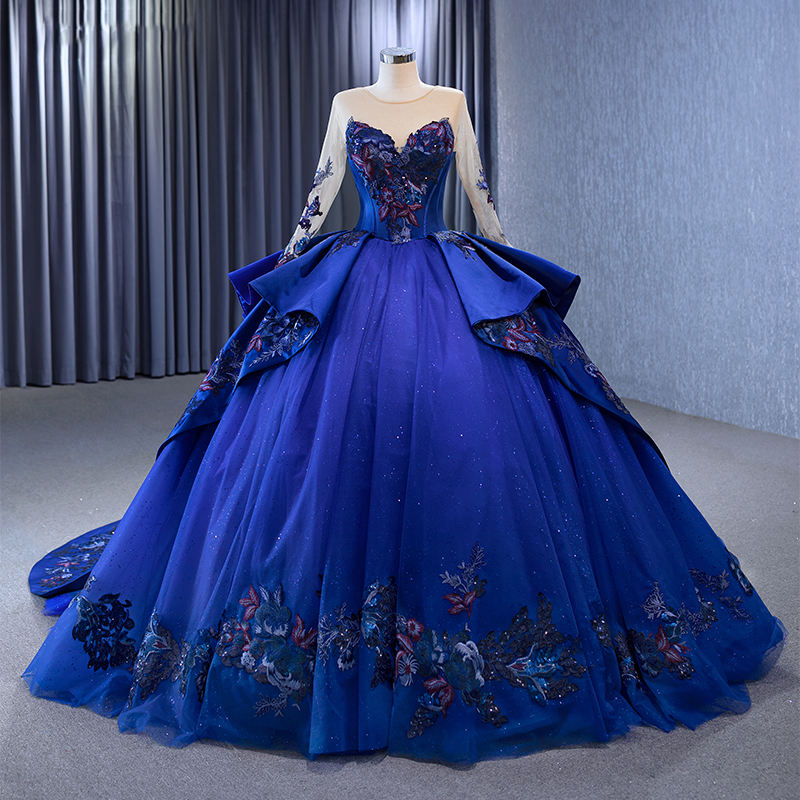 Blue Floral Print O-Neck Ball Gown Sequined With Chapel Train Evening Dress