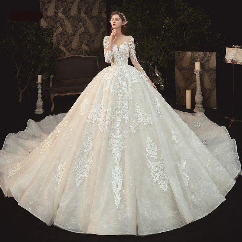 Fashion Luxury Lace Applique Long Train Wedding Dress Bridal Gown