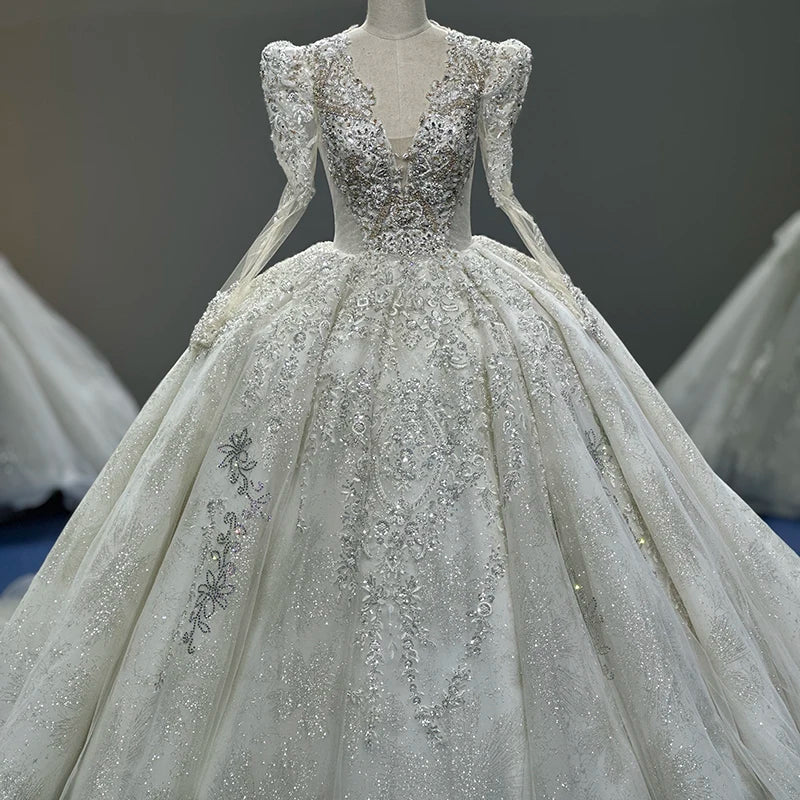 Luxury Beaded Sweetheart Long Sleeve Sparkling Princess Ball Gown Victorian Royal Wedding Dress With Cathedral