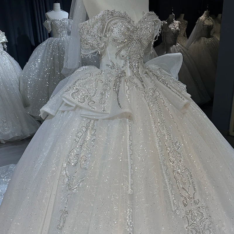 Gorgeous Wedding Dresses Diamond Off the Shoulder Sequins Glitter Princess Pearl Tiered Shiny Bride Gowns
