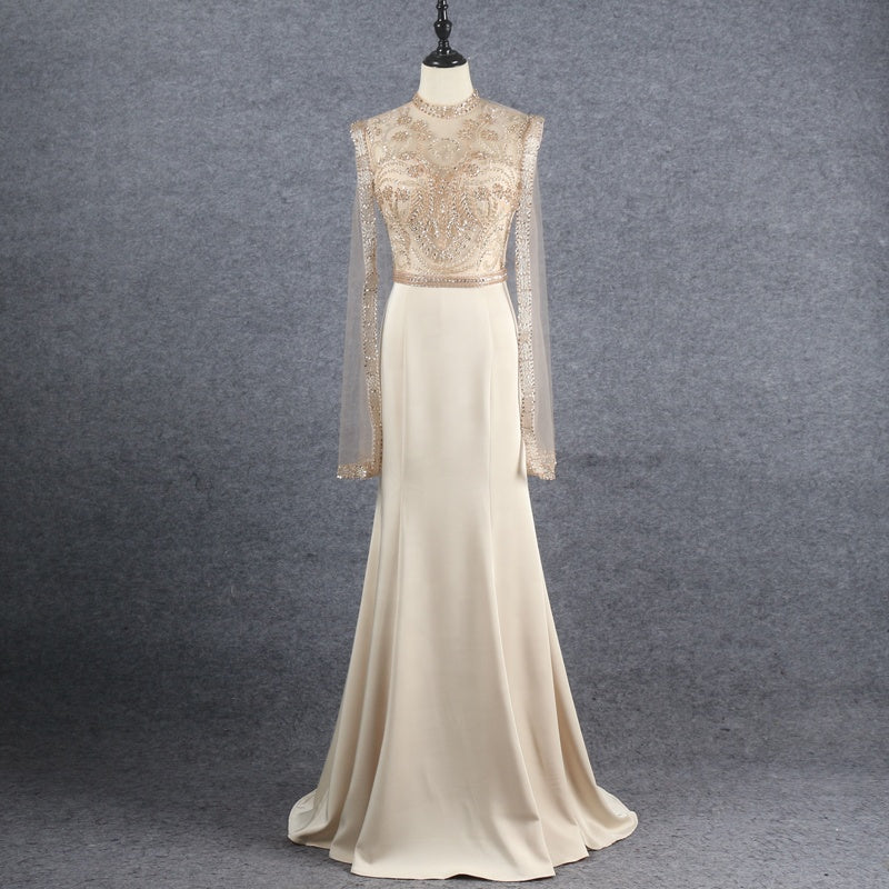 Ladies New Elegant Long Sleeve Lace Embroidered Pearl Slim Evening Dress - Image 3
