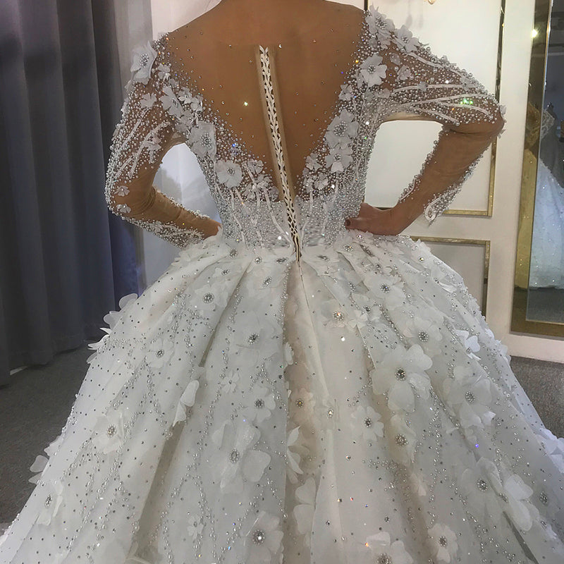 Elegant Luxury Deep V Neck Pearl 3D Flower Lace Sequins Bridal Backless Wedding Dress - Image 6