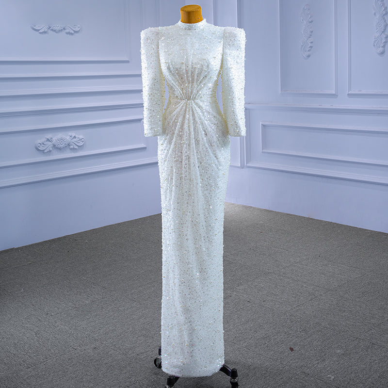 Ladies Elegant Simple High Neck Long Sleeve Sequined Princess Wedding Dress