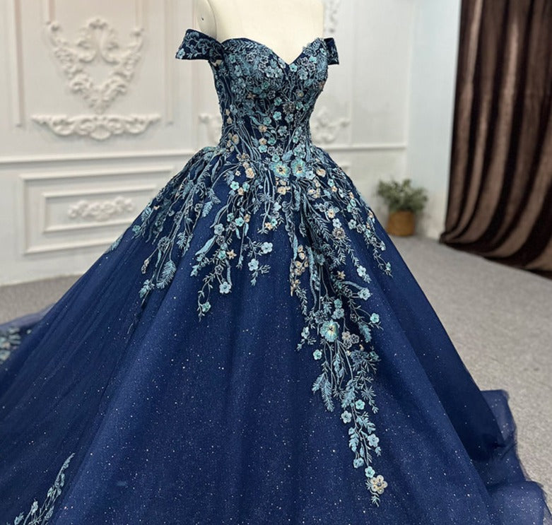 Blue Glitter Off Shoulder Sweetheart Evening Dress