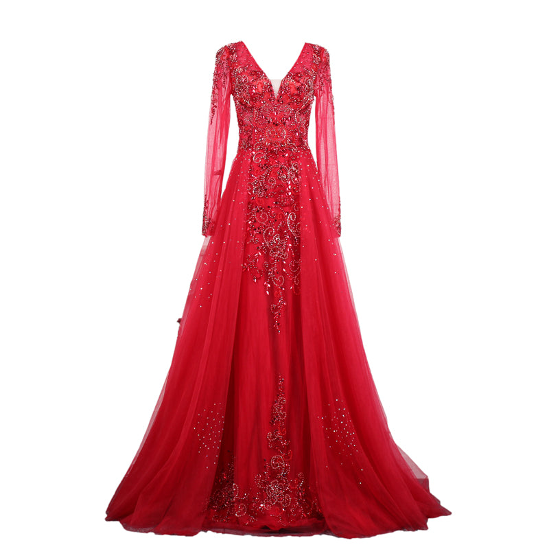 Full Sleeve V-Neck Brush Train Party Dress Illusion Beading A-Line Crystal Evening Dress - Image 2