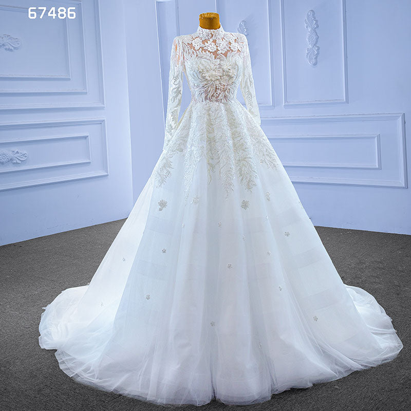 2022 New Women's Retro Long-Sleeved Turtleneck Stickers Embroidered Tulle Wedding Dress