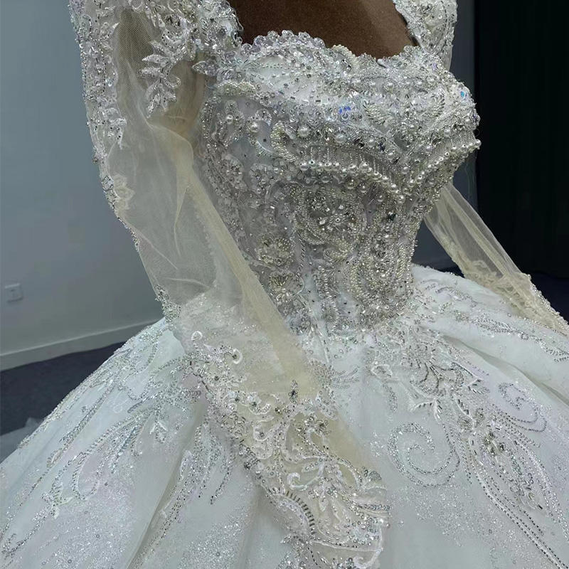 Square Neck Beaded Sequin Long Sleeve Wedding Dress - Image 2