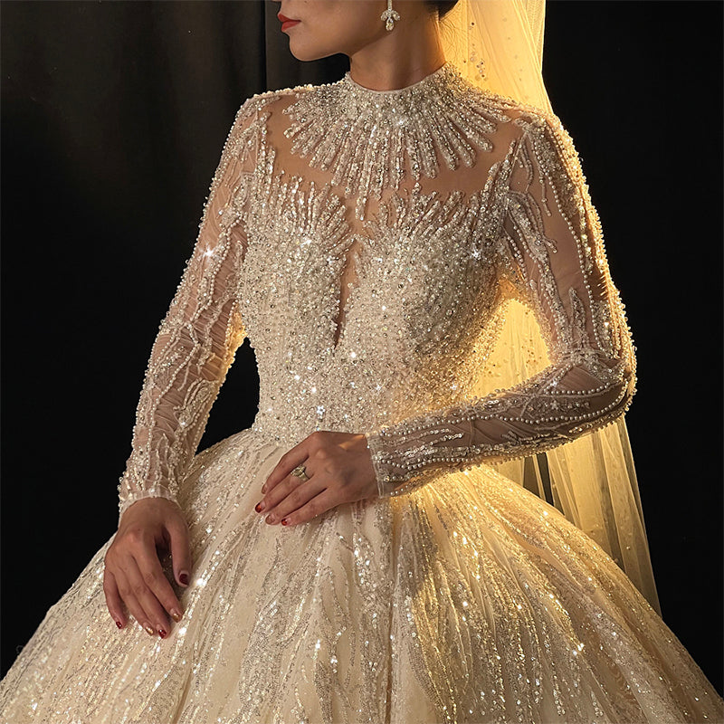 Plain Latest Design Bridal Dresses Luxury Sparkling Fringe Turtleneck Lace Wedding Dresses