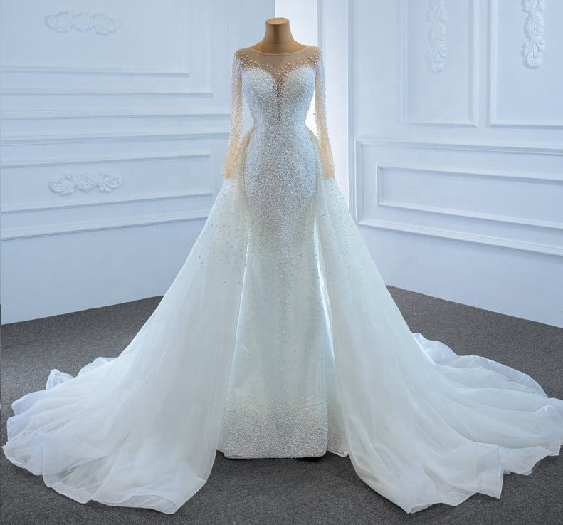 Heavy Beaded Long Sleeve Mermaid Elegant Lace Women Wedding Dress For Bride