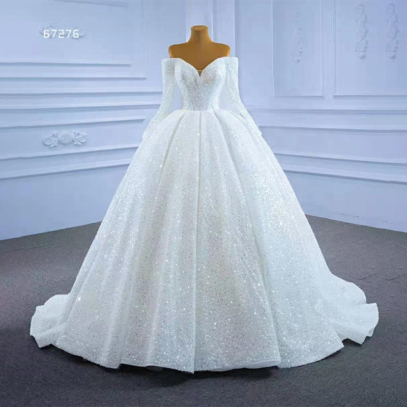 Simple Modern Ladies Wedding Dress Long Sleeve Tube Top Pearl Bridal Dress