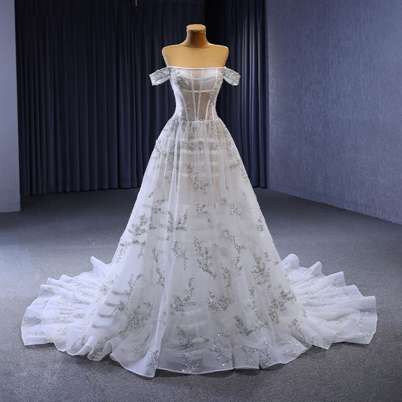 New Design 2023 Boat Neck Off The Shoulder Illusion Lace Up Chapel Train Wedding Dress